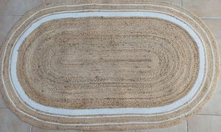 Tappeto ovale in juta e cotone 90x150 Beige/Bianco