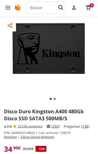 Disco SSD Kingston A400 480GB SATA3