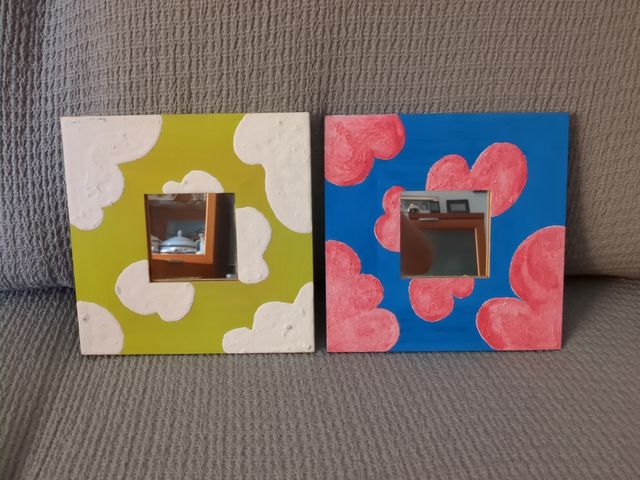 2 Cuadros-Espejos Decorativos Nubes y Corazones