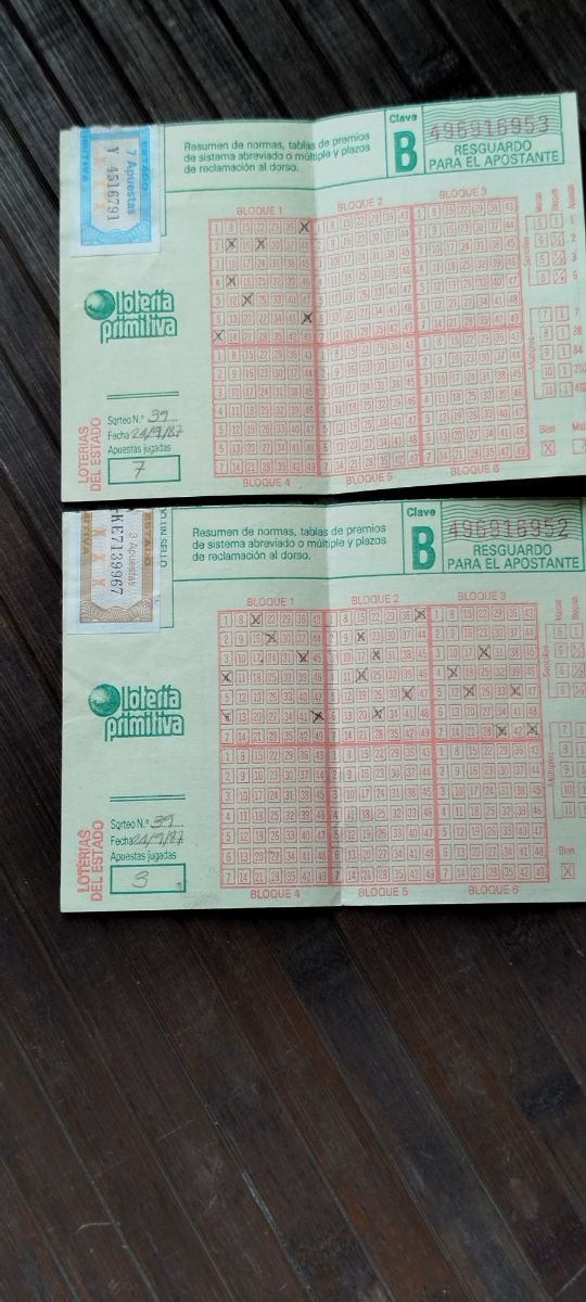 2 boletos lotería primitiva correlativos. Año 1987