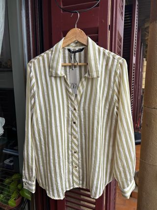 Camisa Zara Fluida Rayas Verde Oliva