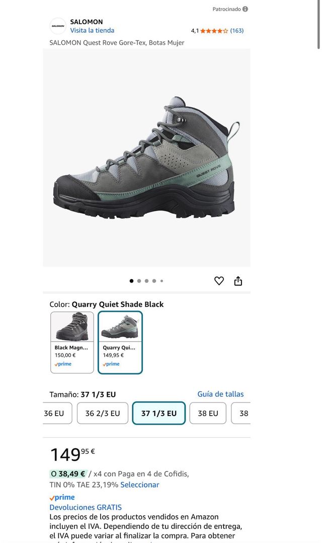 Botas Salomon Gore-Tex Mujer T37 Gris/Verde Agua