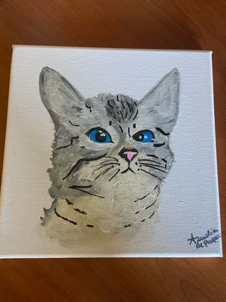 Dipinto Gatto Acrilico Blu Grigio