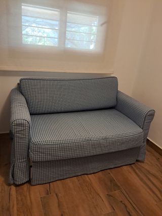 Sofá Cama Azul y Gris. Abierto mide 220x88x15