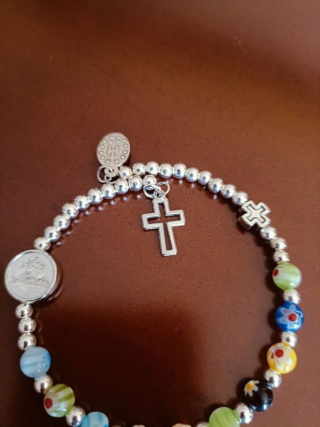 Pulsera Cuentas Cristal Murano Cruz y Medalla