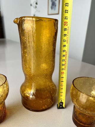Juego Jarra y 4 Vasos Cristal Craquelado Ámbar