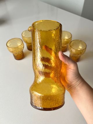 Juego Jarra y 4 Vasos Cristal Craquelado Ámbar