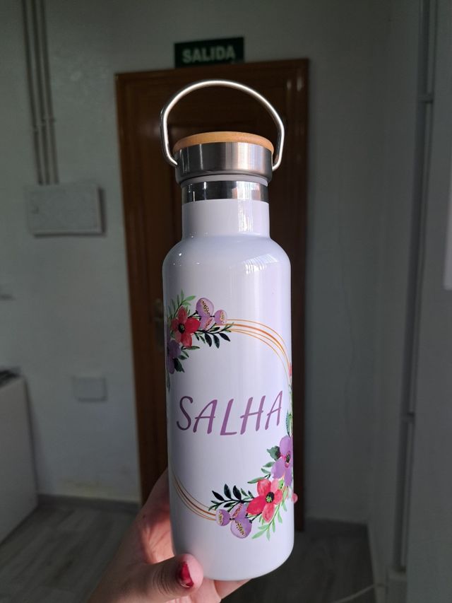 Botella Termo Blanca con Flores
