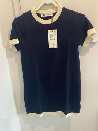 Vestido Zara malha azul/cru