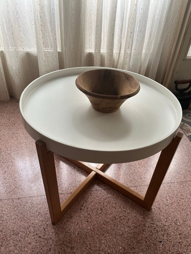 Mesita auxiliar redonda madera y blanco
