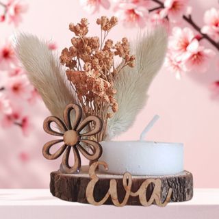 Portavelas madera con flor y nombre Eva
