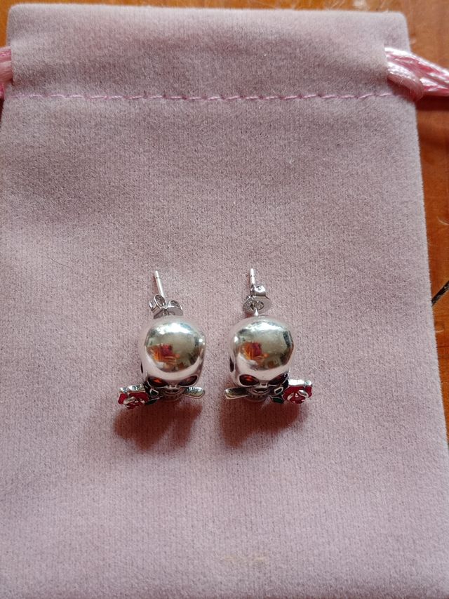 Pendientes Calavera con Rosa Roja plata