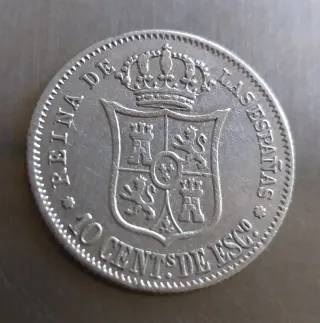 Moneda plata 10 céntimos de escudo de 1865.