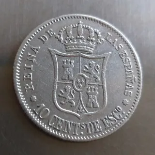 Moneda plata 10 céntimos de escudo de 1865.