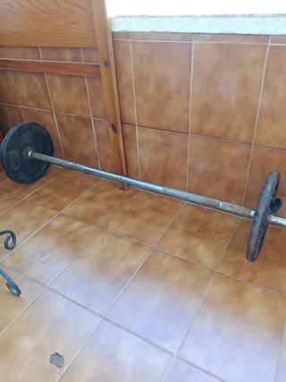 Barra de pesas con discos y mancuernas