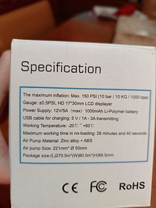 Inflador Eléctrico Portátil Batería Recargable