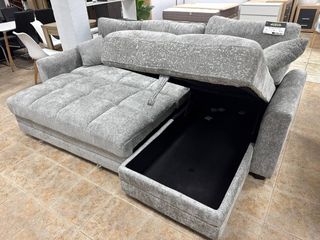 Sofá con chaiselongue y pouf, nuevo