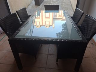 Mesa y 5 sillones de jardín fibra sintética, ratán