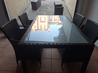 Mesa y 5 sillones de jardín fibra sintética, ratán