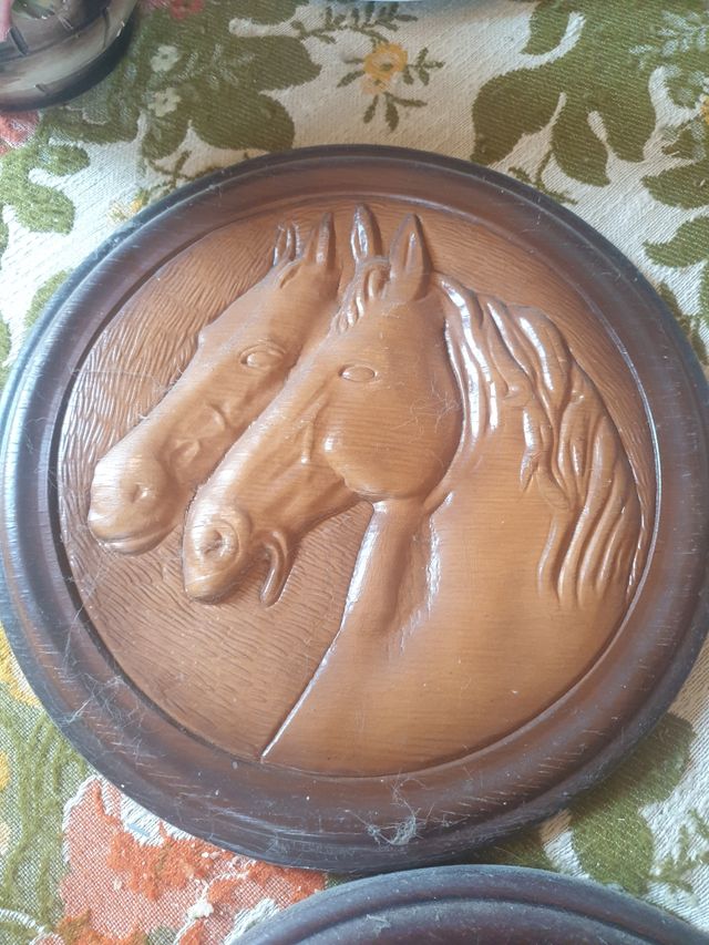 3 Quadri Vintage Rilievo Cavalli e Cane