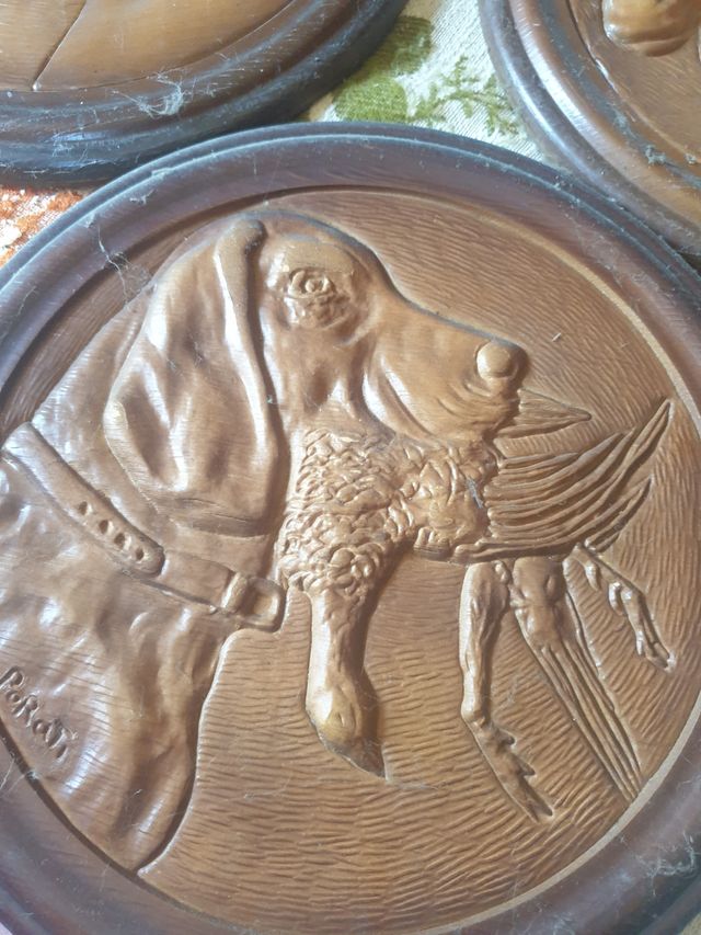 3 Quadri Vintage Rilievo Cavalli e Cane