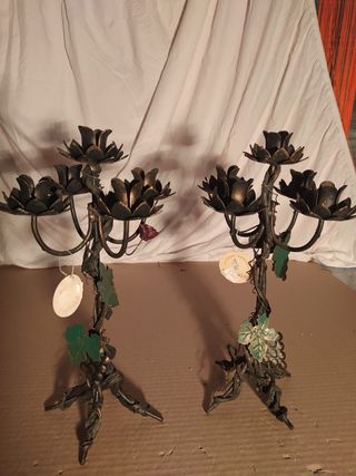 Juego de Candelabros Florales Metal Dorado y Verde