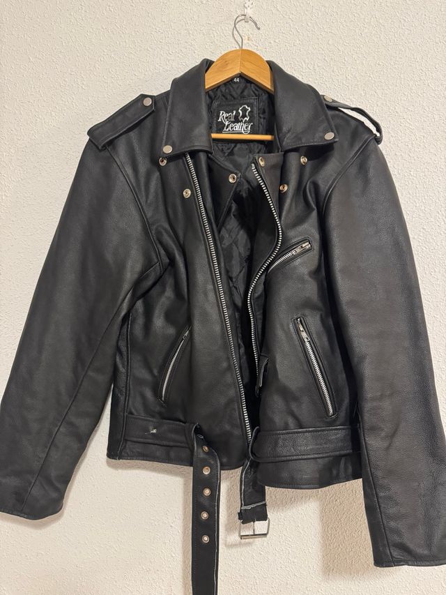 Chaqueta Biker Cuero Vintage Negra Talla L