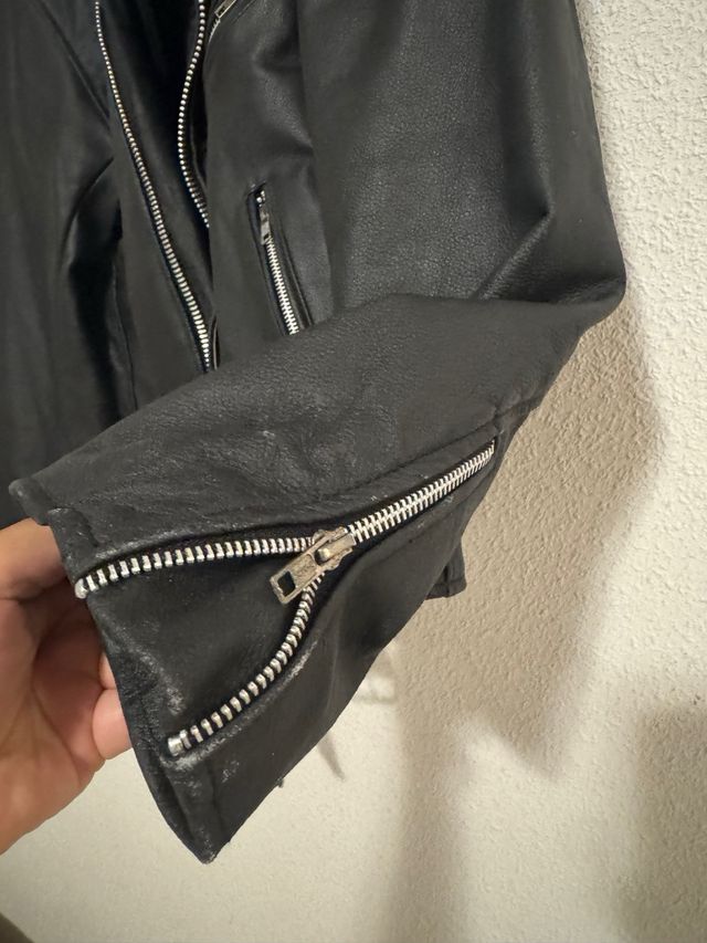 Chaqueta Biker Cuero Vintage Negra Talla L