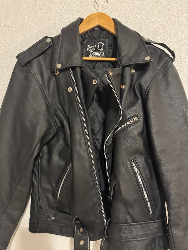 Chaqueta Biker Cuero Vintage Negra Talla L