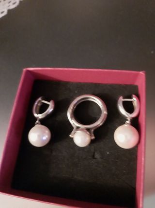 Conjunto Anillo y Pendientes Perlas Plata