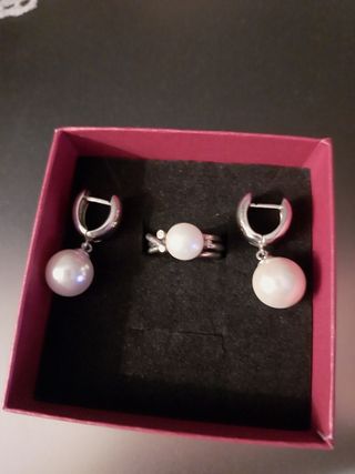 Conjunto Anillo y Pendientes Perlas Plata