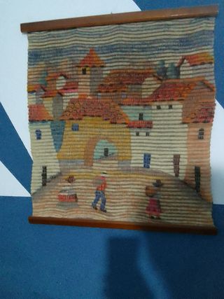 Tapiz antiguo hecho a mano - Paisaje de pueblo