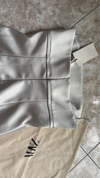 Vestido Zara S Gris Perla Satinado Lazo Nuevo