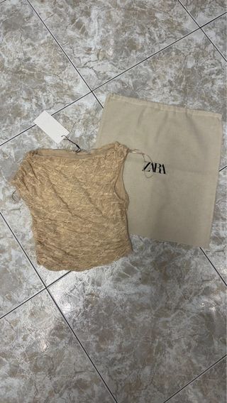 Top Zara S Rosa Claro Strass Encaje Nuevo