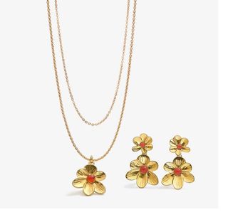 Conjunto de Joyas Flor Dorada con Coral
