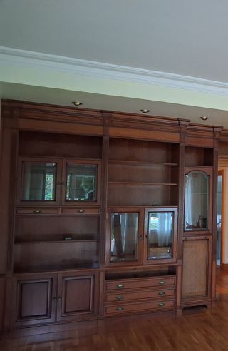 Librería de madera con puertas de cristal