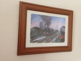 Cuadro de trenes antiguo. Acuarela.