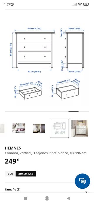 Cassettiera bianca a 3 cassetti Ikea Hemnes