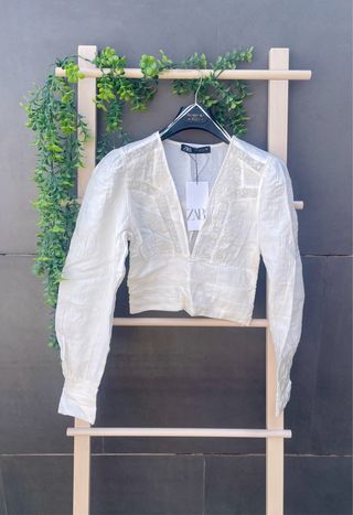 Blusa Zara Encaje Blanca Manga Larga