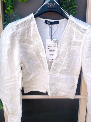 Blusa Zara Encaje Blanca Manga Larga
