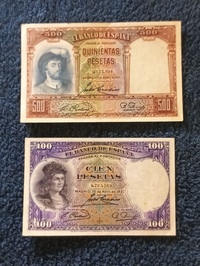 Billetes de 100 y 500 Pesetas de 1931. España.