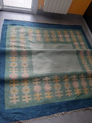 Alfombra de lana persa azul y verde