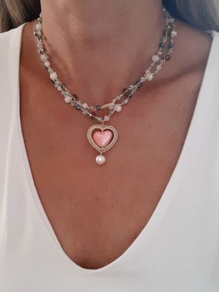 Collar largo con corazón y perla