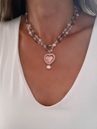 Collar largo con corazón y perla