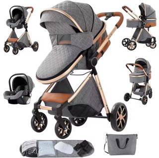 Carrito de bebé gris con detalles dorados
