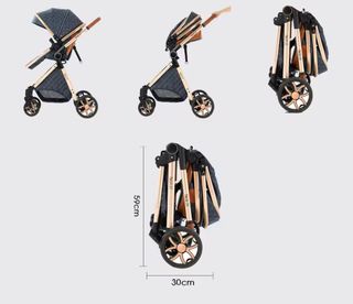 Carrito de bebé gris con detalles dorados
