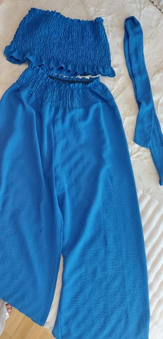 Conjunto Top y Pantalón Azul con cinta pelo/fular