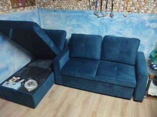 Sofá Cama Azul Tela Casi Nuevo