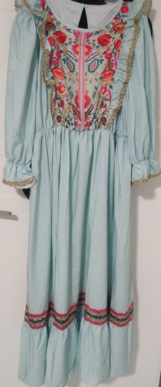 Vestido Folk Bordado Floral Azul