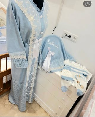 Vestido Maternidad y Bebé Azul/Blanco